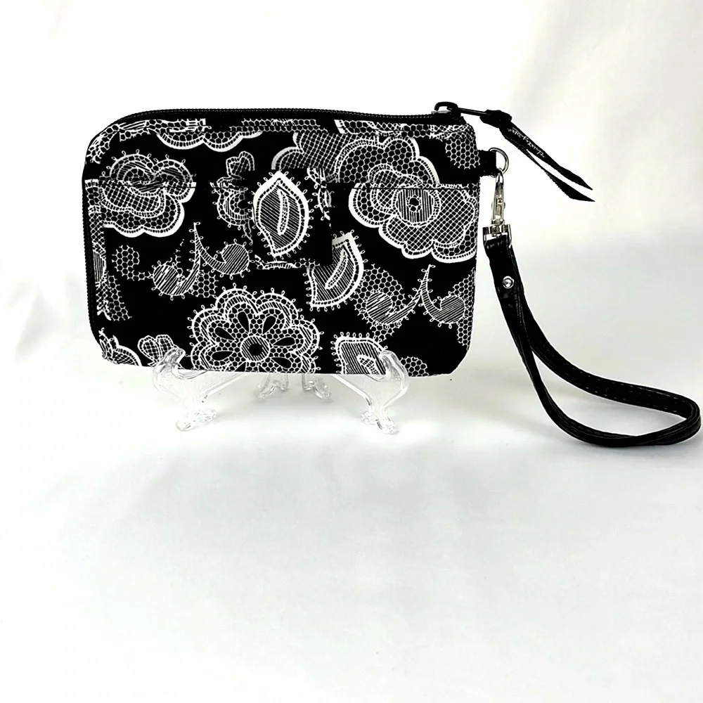 Thirty One Floral Paisley Wristlet Wallet ID Holder Organizer Black White